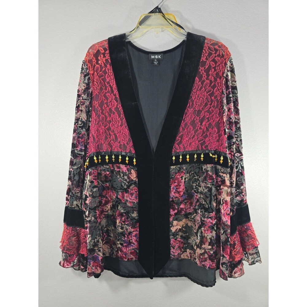 MSK Velvet Lace Beaded Cardigan Jacket Boho Whimsygoth Hippie Festival Sz XL BQ